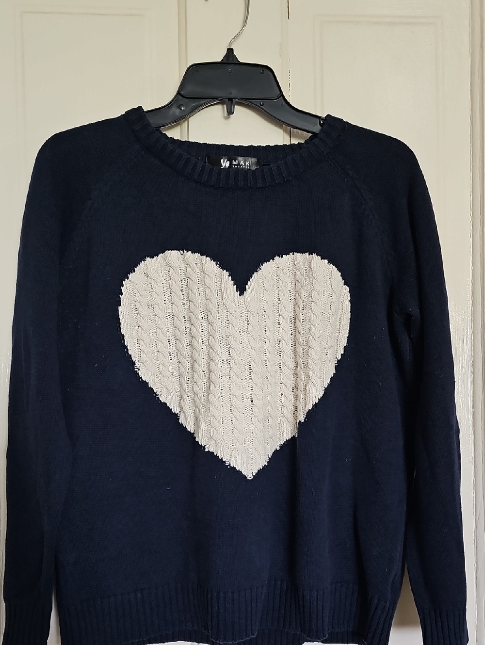 Navy Crewneck Sweater with Cream Heart by Ye Mak Sweater